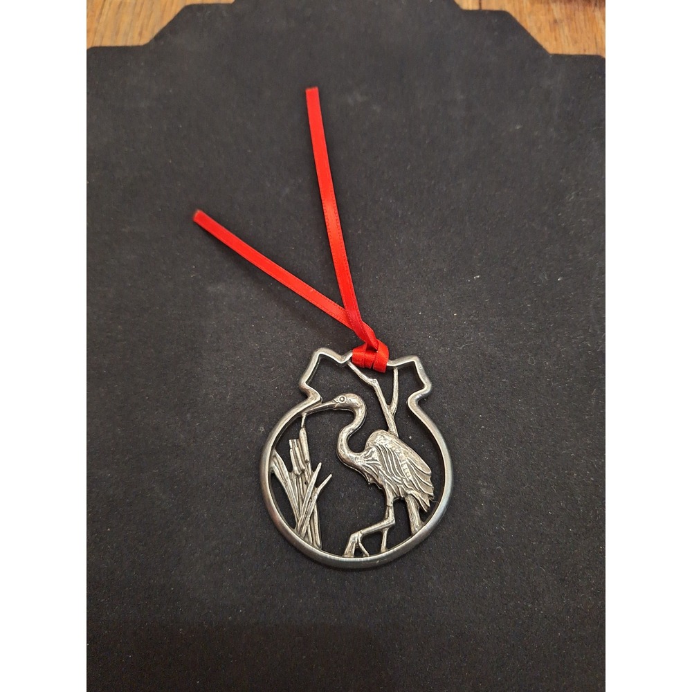 Salisbury Pewter Great Blue Heron Bird Ornament with Red Ribbon Made in USA